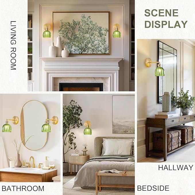 Wall Sconces Set of Two Hardwired, Vintage Wall Sconce Light with Tulip Green Glass Lampshade, Bathroom Wall Sconces with Switch, Gold Wall Light Sconces Wall Decor Set of 2