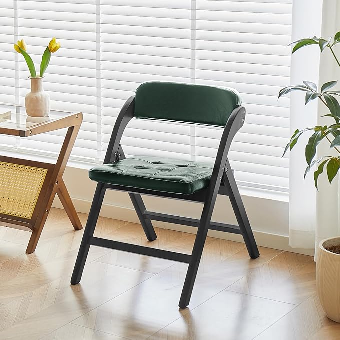 Wood Folding Chairs with Padded Seats, Wooden Folding Chairs Set of 2, Foldable Dining Chair with Cushion, Stackable Extra Chair for Indoor Outside Events, Party, Wedding (Black Green)