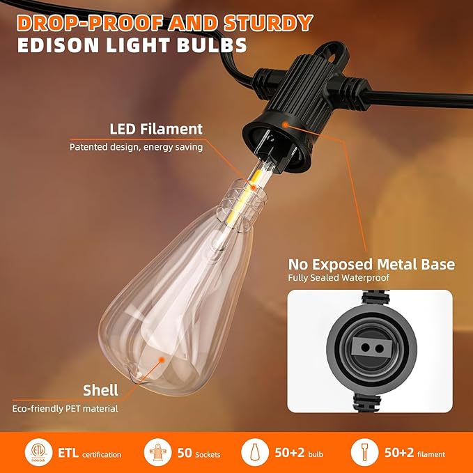 Kawaya Outdoor String Lights 100 FT LED Patio Light - 50+2 Shatterproof Vintage Edison Bulbs - 2700K Dimmable IP65 Waterproof Outside Hanging Lighting for Yard Porch Deck Balcony Bistro Cafe Party
