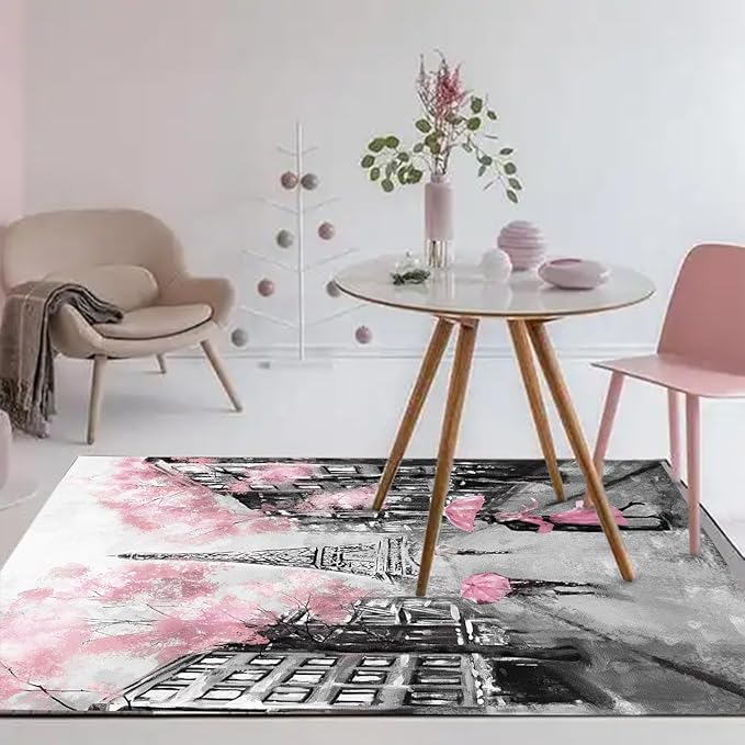 kxry 3 * 5 Feet Pink Paris Eiffel Tower Soft Area Rugs for Kids Girls Women French Style Couple Lover Flower Floor Carpet for Living Room Bedroom Dorms Nursery Rooms Home Decor Aesthetic