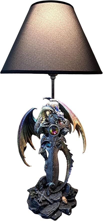 ICE ARMOR 24.5" Fantasy Collectible Dragon Statue Table Lamp Wrap Around Cross with Fabric Light Shade for Gothic and Medieval Décor (71792Purple/Green)