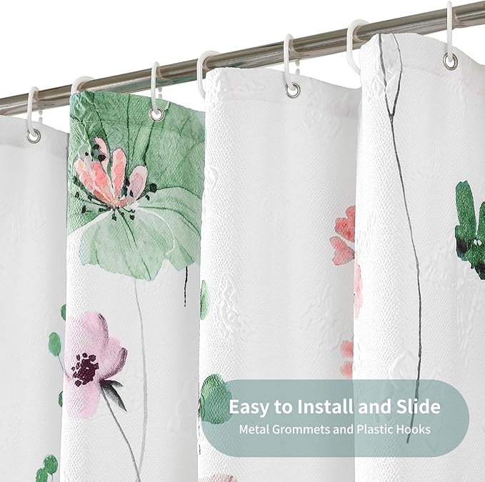 QiyI Watercolor Floral Shower Curtain, 3D Embossed Butterflies Sage Green Botanical Bathroom Curtain, Pink Flowers Cloth Bath Curtain, Waterproof Fabric Textured Shower Curtain Set with Hooks, 72x72