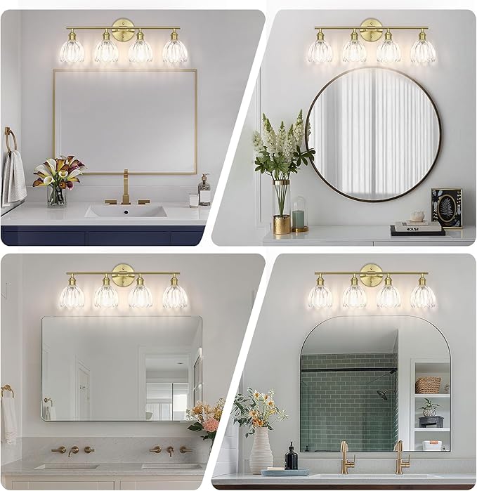 Vintage Bathroom Light Fixtures,4-Light Hardwired Vanity Lights Over Mirror,Gold Wall Sconces with Clear Tulip Glass Shade for Bathroom Living Room,E26 Socket(Bulbs Not Included)