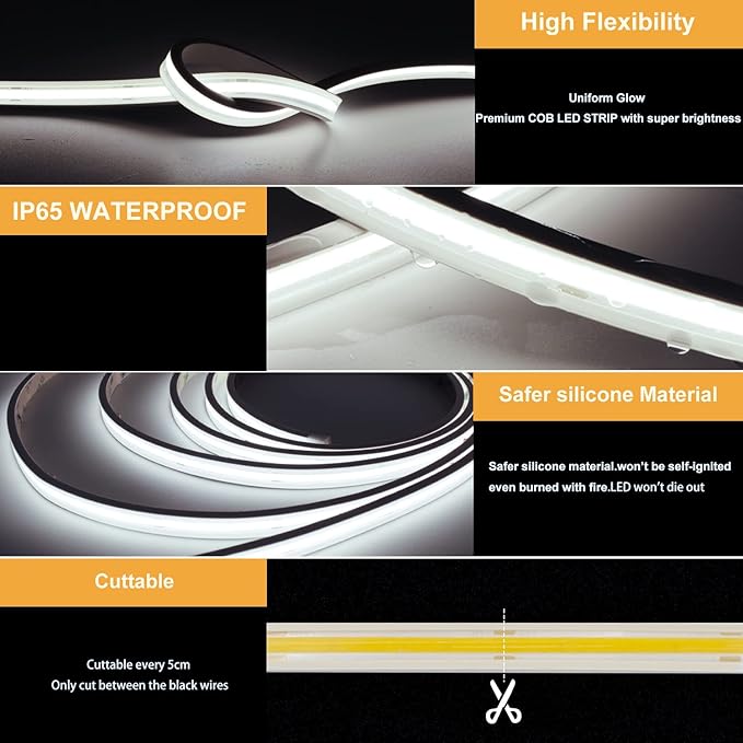 COB LED Strip Lights,24V Daylight White 6000K,Ip67 Waterproof led Light Strip,480LEDs/M,16.4ft/5M,CRI90+ Outdoor led Strip for Bathroom Decor,Pool,Garden(Power Not Included)