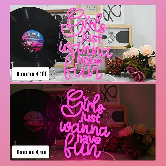 Girls Just Wanna Have Fun Neon Sign 80's Party Decoration Retro Pink LED Neon Light Sleepover Party Girl Neon Signs for Wall Decor,for Bedroom Wedding Christmas Birthday (have fun)