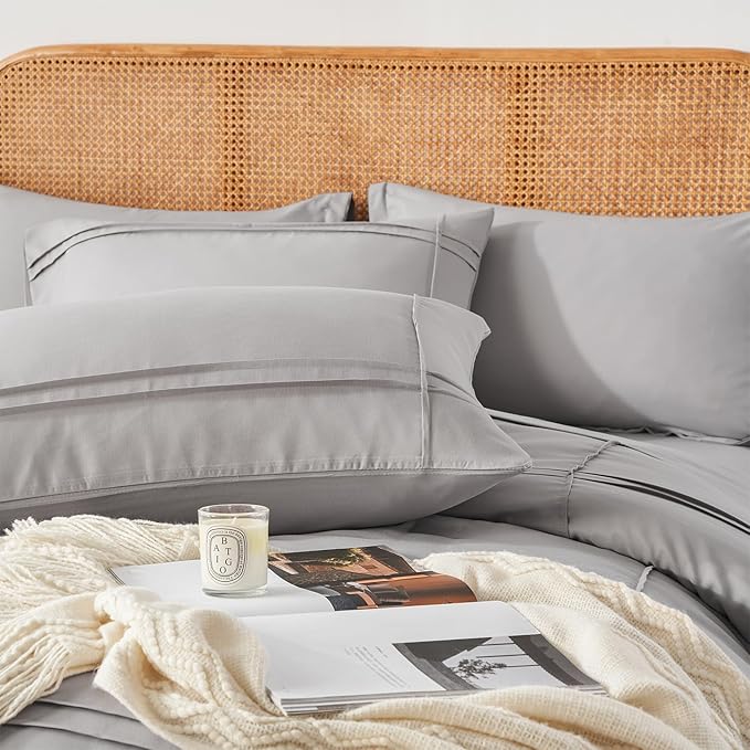 Yogeneg Twin Comforter Set 5 Piece Bed in a Bag,Grid Pinch Pleat Grey Twin Bedding Set,Striped Textured Soft Microfiber Comforter with Sheet Set,All Season Complete Bed Set(Grey,Twin)