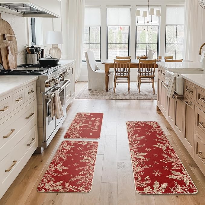 Artoid Mode Holly Pine Branches Leaves Merry Christmas Kitchen Mats Set of 2, Winter Decor Low-Profile Kitchen Rugs for Floor - 17"x29"+17"x36"+17"x47"