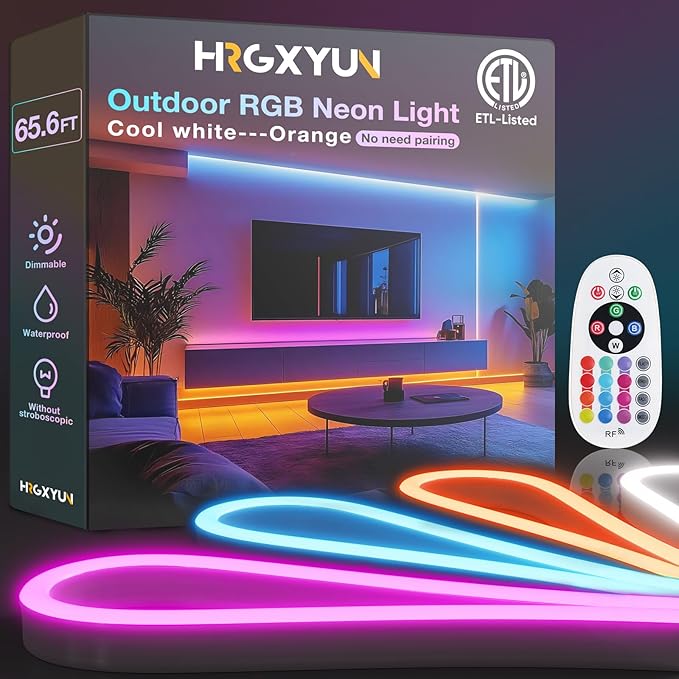 65.6ft RGB Led Neon Rope Light, IP65 Waterproof Led Strip with Brightness Adjustment,Multicolor Change Flexible Neon Rope Lights for Supermarket,High Building, Celebration,ETL Listed,110v