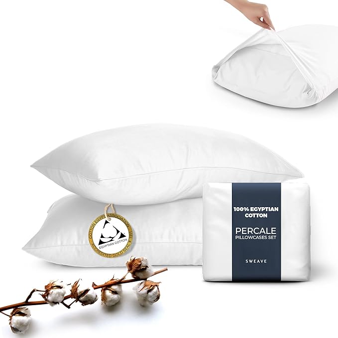 Egyptian Cotton Percale Pillowcases, White, Standard Size, 100% Cotton, 400 Thread Count, Envelope Closure, Machine Washable
