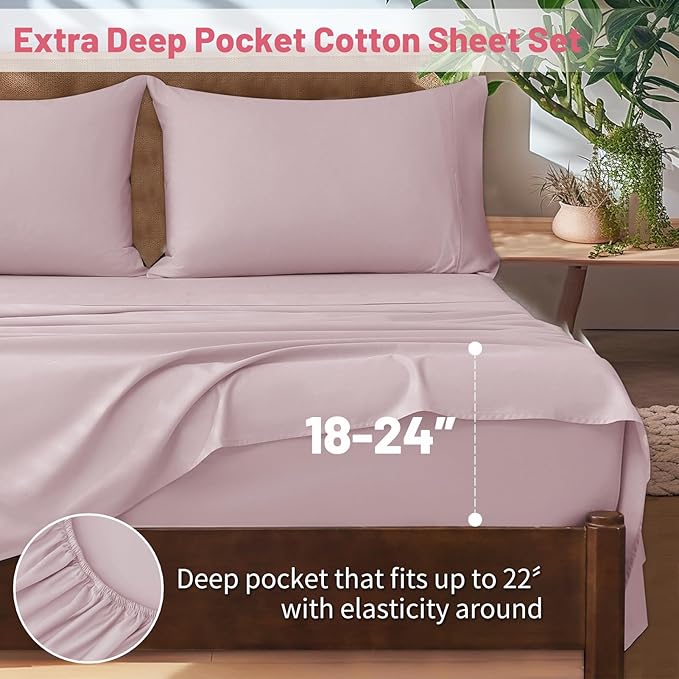 Extra Deep Pocket California King Sheets 18-24 Inch 100% Egyptian Cotton 1000 Thread Count Sateen Weave Soft Breathable 4 Pieces(California King,Light Pink)