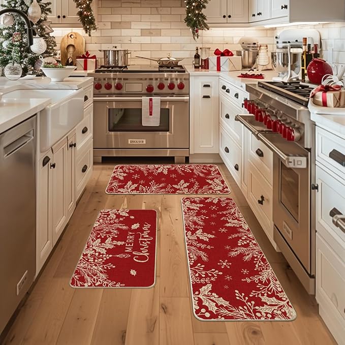 Artoid Mode Holly Pine Branches Leaves Merry Christmas Kitchen Mats Set of 2, Winter Decor Low-Profile Kitchen Rugs for Floor - 17"x29"+17"x36"+17"x47"