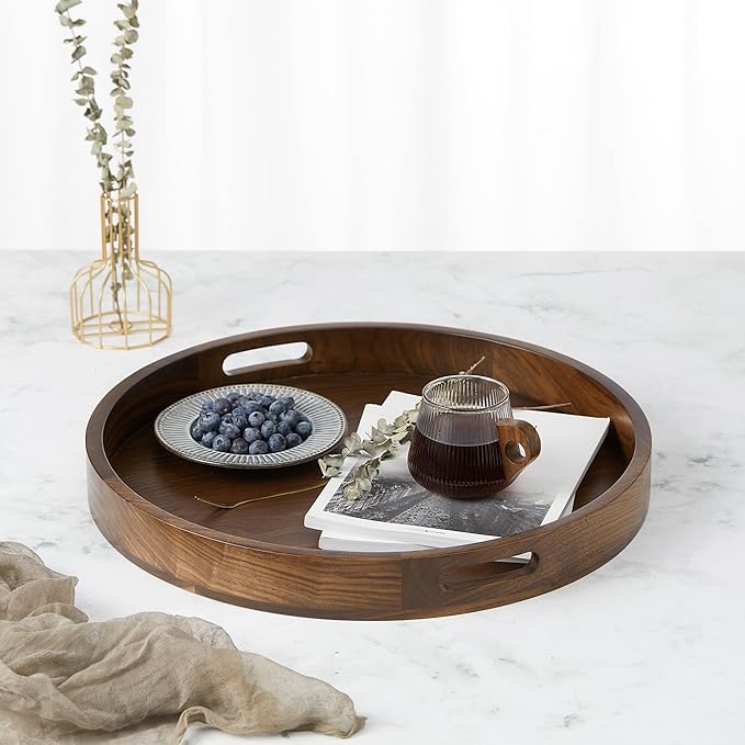 20 x 20 inches Large Round Ottoman Table Tray Wooden Solid Black Walnut Circle Platter Decorative Serving Tray with Handle for Oversized Ottoman Home Breakfast in Bed Tea Coffee