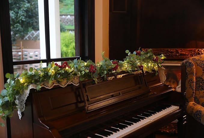6.3FT Christmas Garland with LED String Lights, Anna's Whimsy 144 Branch Tips Seasonal Artificial Pine Winter Cypress Greenery Garland, Christmas Decorations Holiday Indoor Outdoor Christmas Decor