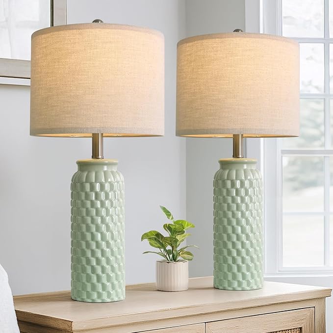 24" Modern Ceramic Green Bedside Lamp Set of 2 Table Lamp for Bedroom Decor Farmhouse Table Lamp for Living Room Office Dorm