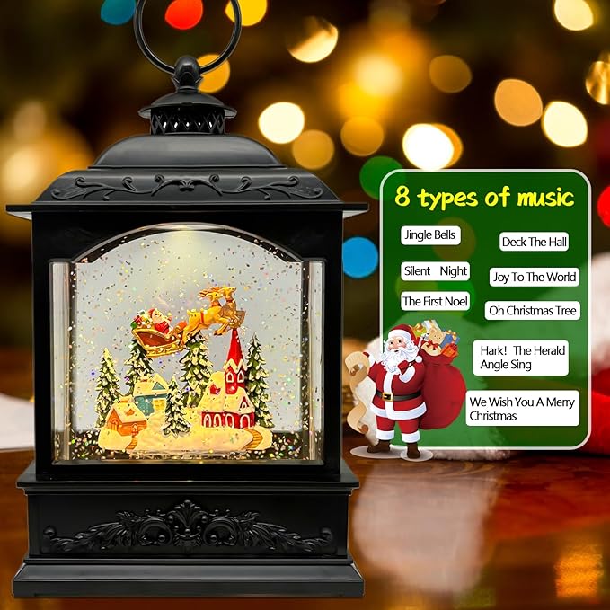Christmas Snow Globes Lantern with Music & Timer - USB/Battery Operated LED Glittering Globe Lantern, Snow Globe Decoration for Home Holiday Decor (Reindeer)