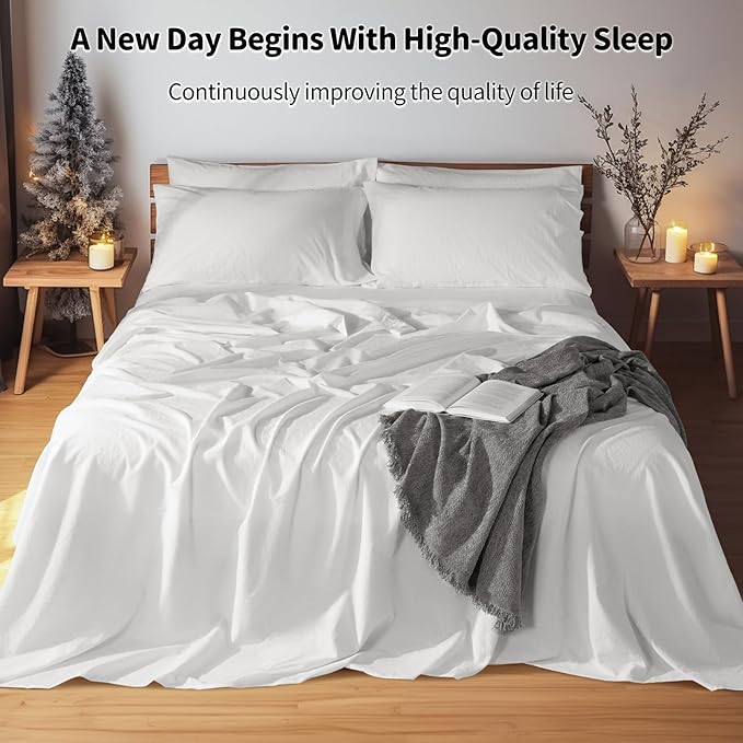 LBRO2M 100% Linen Sheet Set Queen Size, Bed Sheets 6 Piece Sets,Solid Color Natural Flax Bed Sheets Soft Breathable Bedding,16" Deep Pocket,All Season (Queen, White)