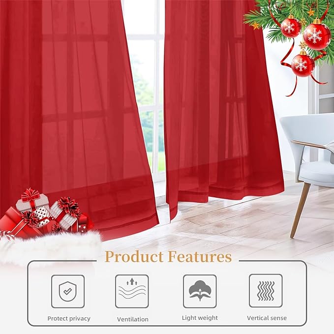 Sheer Curtains 54 Inches Long 2 Panels, Rod Pocket Short Curtain for Kitchen, Bedroom, Cafe Window(Christmas Red 38" W x 54" L)