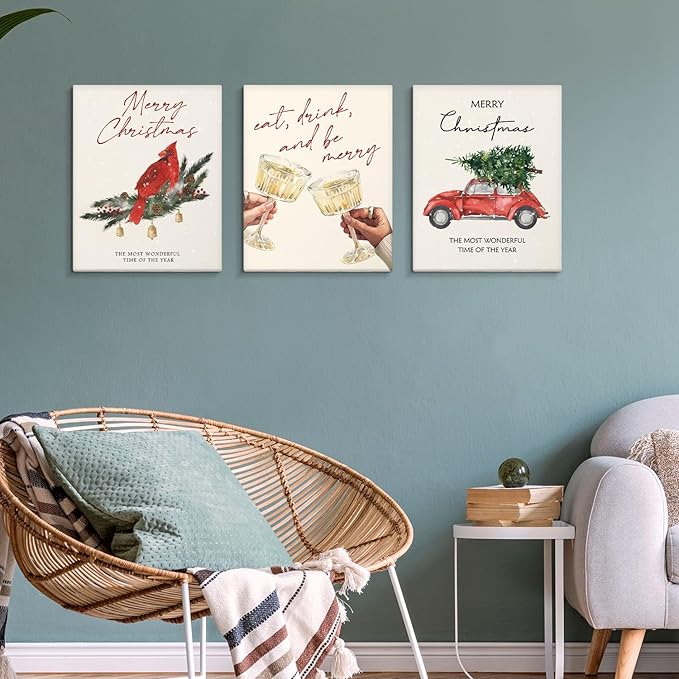 DSHFG Vintage Christmas Wall Decor, Rustic Canvas Art With Framed Set of 3, Farmhouse Party Decor for Home Living Room Bedroom, Merry Christmas 14x11 Inch