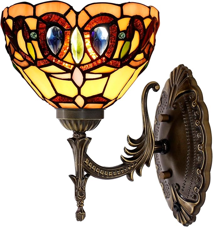 Tiffany Wall Sconce Lamp Blue Stained Glass Flower Style 8X10.5X11 Inch Plug in Wall Bedside Light for Hallway Bedroom (Serenity Victorian Style)