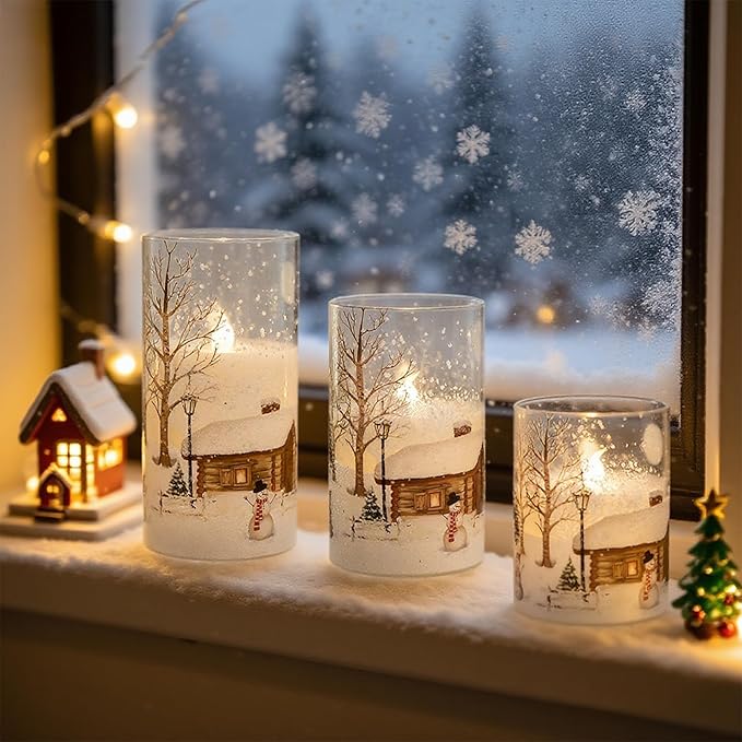 DRomance Snowman Glass Flameless Candles Rechargeable Battery Operated with Remote and Timer Real Wax LED Flickering Pillar Candles White Cold Light Window Christmas Holiday Decor D3 x 4",5",6"