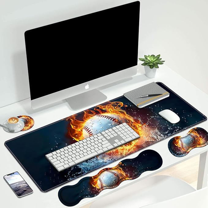 4 in 1 Ergonomic Keyboard Wrist Rest & Mouse Pad Wrist Rest Set, Large XXL Gaming Desk Mat 31.5"x 11.8" with Non-Slip Base, Memory Foam for Home Office Study Gaming, Burning Baseball Fire and Water