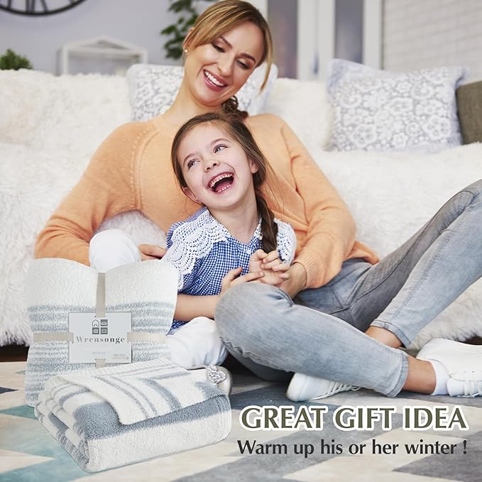 WRENGONGE Grey Blue Throw Blanket, 50x70 Soft Cozy Striped Throw Blankets for Couch, Sofa, Bed, Travel, Lightweight Fluffy Warm Plush Decorative Blankets for Women, Men,Kids Gift