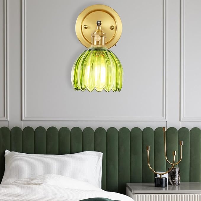 Vintage Wall Sconces Set of Two, 180 Degree Adjustable Brass Vanity Lights Fixture with Green Tulip Glass Lampshade, Hradwired Modern Wall Lighting for Bedside Bedroom Bathroom