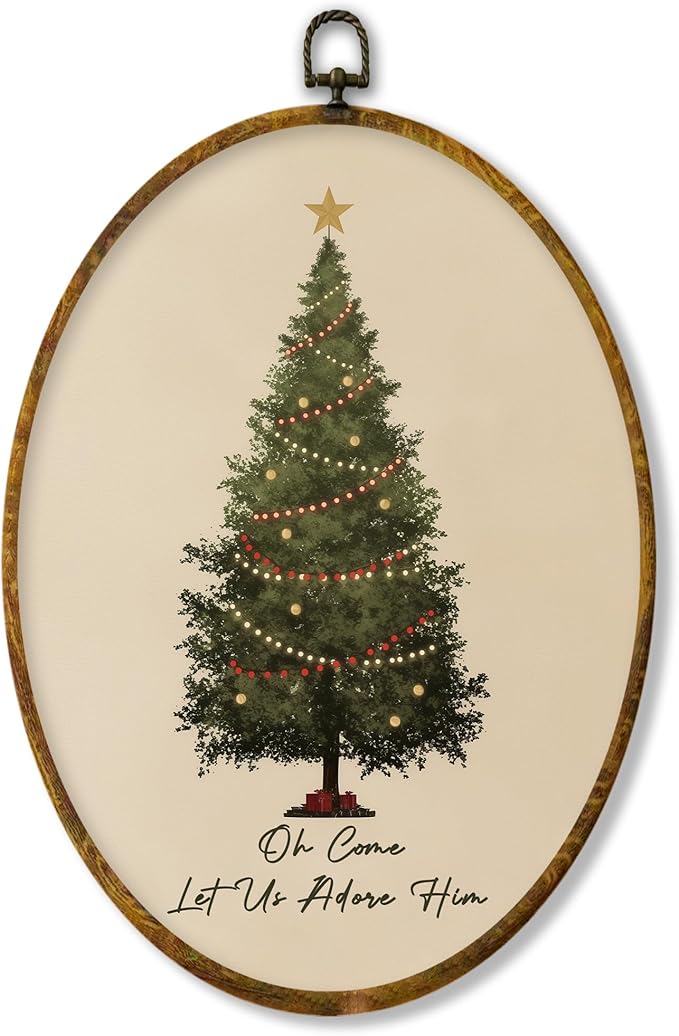 XPH Vintage Christian Christmas Tree Oval Wall Art Framed, Religious Christmas Oval Wall Decor, Oh Come Let Us Adore Him Bible Verse Hanging Canvas Prints for Home Bedroom Decoration, 8.6x11.4 Inch