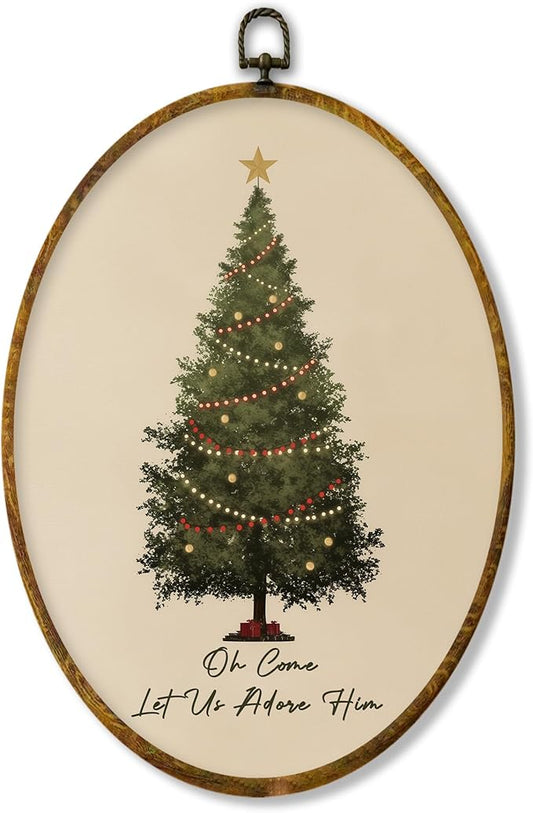 XPH Vintage Christian Christmas Tree Oval Wall Art Framed, Religious Christmas Oval Wall Decor, Oh Come Let Us Adore Him Bible Verse Hanging Canvas Prints for Home Bedroom Decoration, 8.6x11.4 Inch