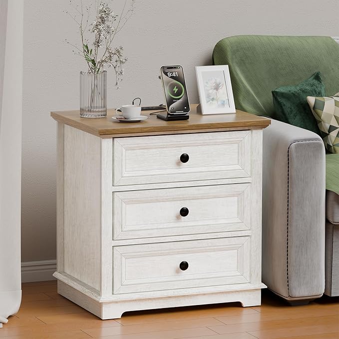 Nightstand with Charging Station, 24” Wide End Table with 3 Drawers, Modern Bedside Table with Storage, Wood Small Dresser for Bedroom Living Room. (White)