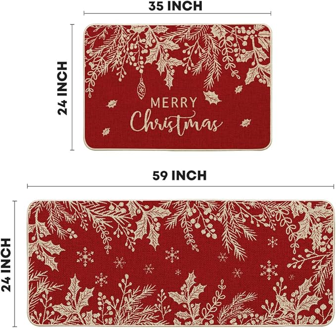 Artoid Mode Holly Pine Branches Leaves Merry Christmas Kitchen Mats Set of 2, Winter Decor Low-Profile Kitchen Rugs for Floor - 24x35 and 24x59 Inch