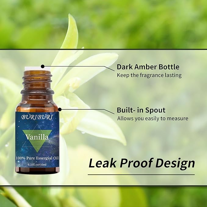 BURIBURI Vanilla Oil and Jasmine Essential Oil, 100% Pure, Undiluted, Natural, Organic Aromatherapy Vanilla Essential Oils Gift Set, 10MLx2