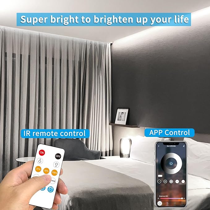 COB LED Strip Lights 6000K 65.6ft DC 24V Dimmable White Flexible LED Tape Light for Bedroom, with Remote and app Control LED Tape Lights CRI90+,forLiving Room, Shelf, Cabinet Home Decoration