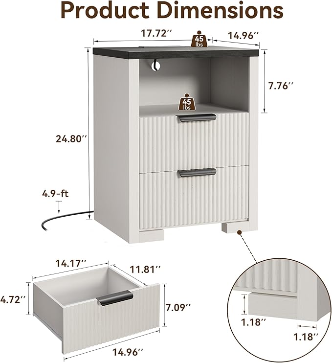 Fluted Nightstand Set of 2 with Charging Station,18" Night Stand with 2 Drawers,End Table with Storage, Bed Side Table for Bedroom,Modern Nightstand for Living Room, White