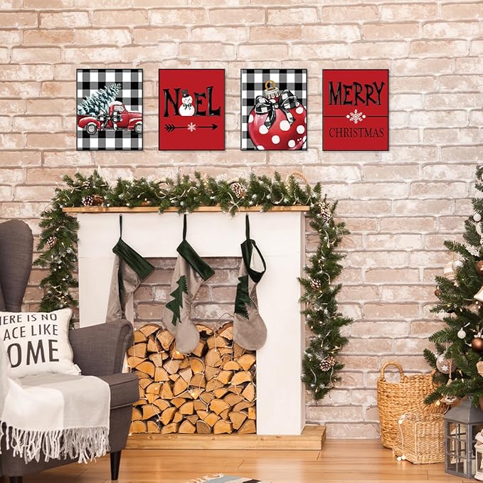 ETVISO Christmas Decor, Christmas Red Wall Art Prints Set of 4, Retro Vintage Xmas Poster, Winter Holidays Gift Print Decor for Gallery Living Room Bathroom, 8x10 (Unframed)