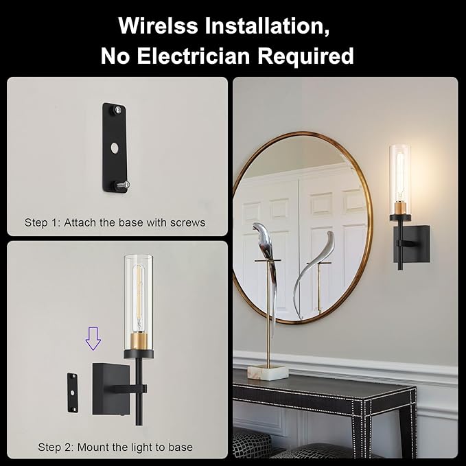 Wireless Wall Sconces with Remote Control, Battery Operated Wall Sconce Set of 2, Black & Gold Rechargeable Dimmable Wall Light for Bedroom Living Room Bathroom Hallway Entryway Stairwell, 3000K