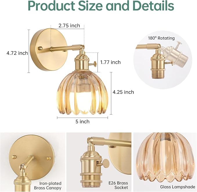 Vintage Battery Operated Wall Sconce with Cute Amber Tulip Glass Lampshade Wireless Rechargeable Battery Powered Wall Light with Remote Control for Bedside Bedroom Doorway, Set of 2