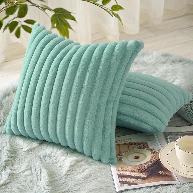 decorUhome Faux Fur Throw Pillow Covers 16x16 Set of 2, Decorative Soft Plush Striped Neutral Couch Euro Pillow Covers with Velvet Back for Sofa, Bed, Living Room Home Decor, Aqua