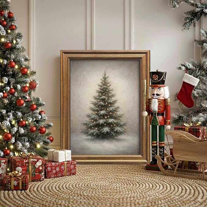 Gold Framed Vintage Christmas Tree Canvas Wall Art Farmhouse Rustic Pine Tree Winter Print Botanical Holiday Decor for Living Room Bedroom Entryway (Vintage Christmas Tree, 20L" x 16W")