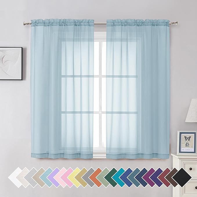 Aiyufeng 2 Pack: Basic Sky Blue Sheer Curtain Drapes 54 Inch Length 2 Panels for Living Room, Light Filtering Voile Drapes for Bedroom, Patio, Sliding Door, Each 42" W x 54" L
