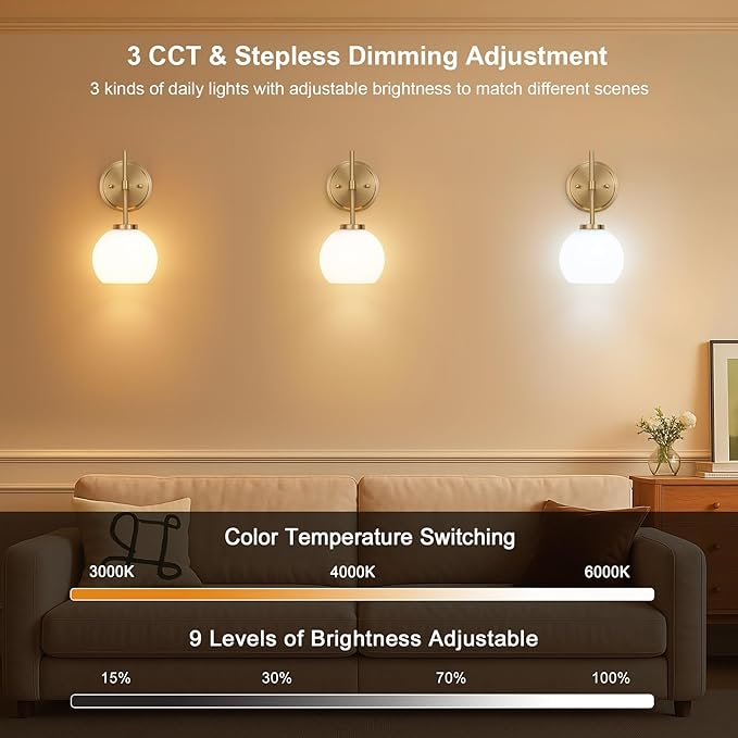Gold Battery Operated Wall Sconce Set of 2, Wireless Rechargeable Sconces Wall Lighting with Remote Control, LED Dimmable Wall Lights with Opal White Glass Shade, 12 Colors RGB & 3 CCT Bulb
