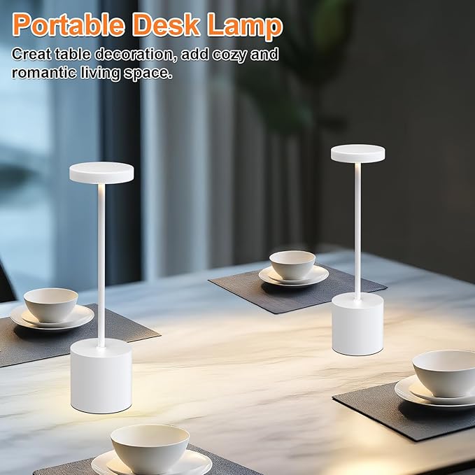 Cordless Table Lamp – 2 Pack Rechargeable Table Lamps, 5000mAh Battery Operated Lamp with 3-Color Dimmable Light, Outdoor Table Lamp for Bedroom, Restaurant, Patio, Home Décor (White)