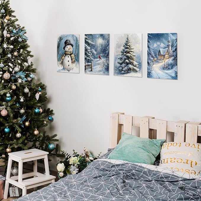 Wheatwin Winter Wonderland Vintage Christmas Wall Art Prints Set of 4, Blue Christmas Tree Snowman Wall Decor, Winter Xmas Decor for Home Bedroom Living Room, 8x10 (Unframed)