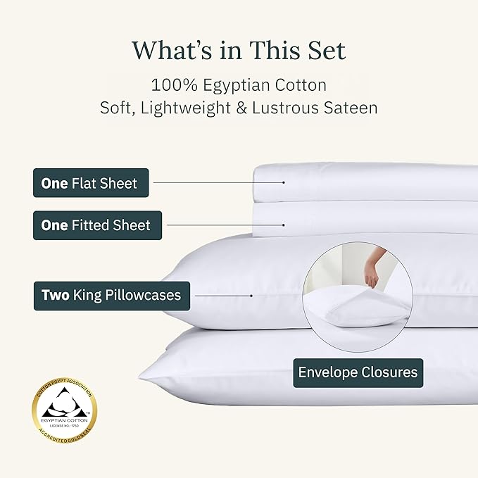 California Design Den Certified 100% Egyptian Cotton Sheets King Size Set with Deep Pockets, Soft Sateen Weave, Luxury King Size Sheets Set, Wrinkle-Resistant, Cool & Durable Bedding - White