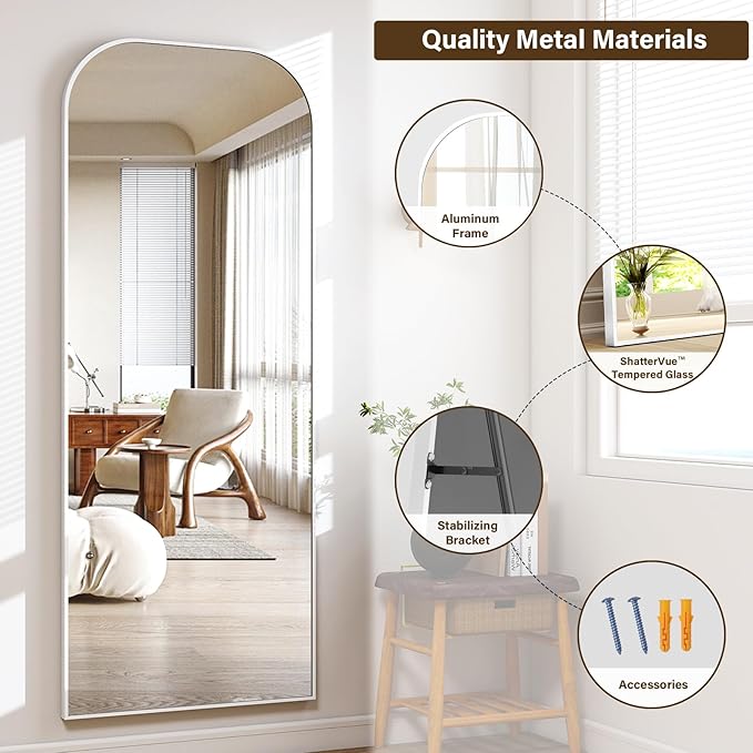56x21 Inch Full Length Mirror - Large Floor Standing & Wall Mountable Full Body Mirror with Sturdy Aluminum Frame, Arched Top Design, Freestanding or Hanging for Bedroom, Living Room, Cloakroom,Silver