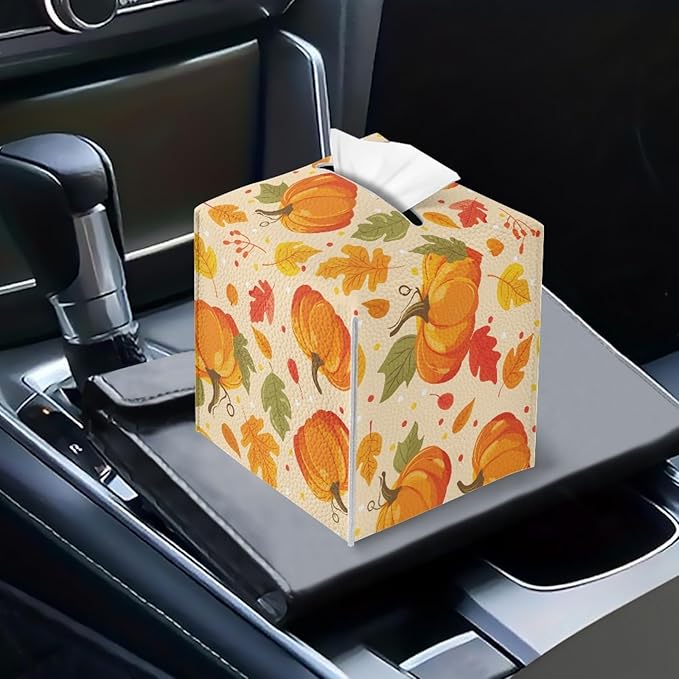 Pumpkin Maple Leaf Tissue Box Holder Square Tissue Holder Organizer Modern Napkin Cover for Bedroom Dresser Night Stand Office Desk PU Leather Decorative Organizer Thanksgiving Home Decor
