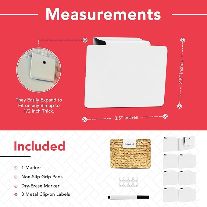 Labels for Storage Bins | Metal Storage Bin Clips (2.5โ x 3.5โ) - Set of 8 Basket Clip On Tags for Storage Bins w/Non-Slip Grip Pads & Dry Erase Marker - Removable Bin Labels for Storage Baskets