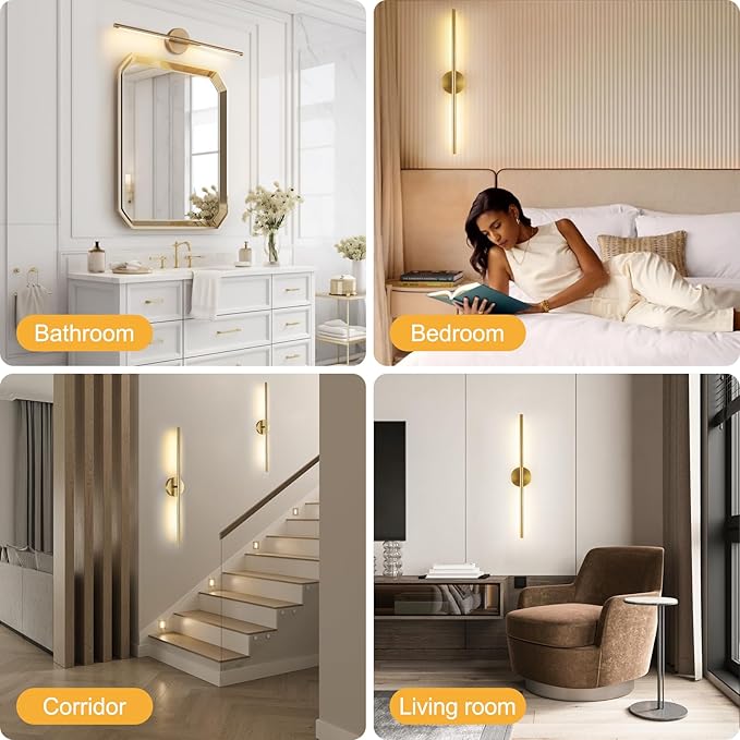 Wireless Battery Operated Wall Sconces with Remote, Gold Rechargeable Led Wall Lights Set of Two, Cordless Dimmable Battery Powered Wall Lamp Decor for Bedroom Living Room, 3 Color, 28 Inch