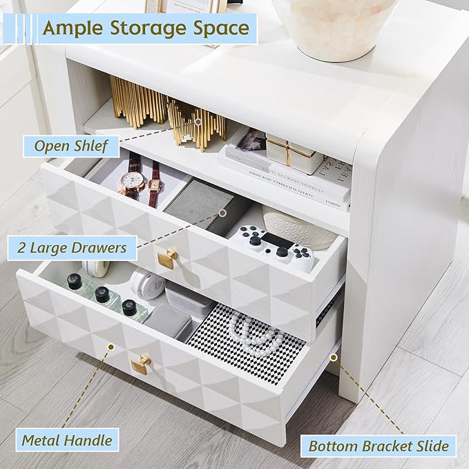 Modern Night Stand Set 2, 23.62" Wide Wood Side Table w/2 Storage Drawers &Open Shelf &Charging Station, Mid Century Modern Bedside w/Diamond Panel Decorate for Bedroom, Curved Profile Design, White