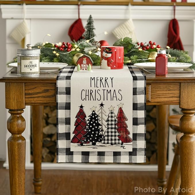Artoid Mode Waterclor Buffalo Plaid Christmas Trees Merry Xmas Table Runner, Seasonal Winter Holiday Kitchen Dining Table Decoration for Indoor Outdoor Home Party Decor 13 x 60 Inch